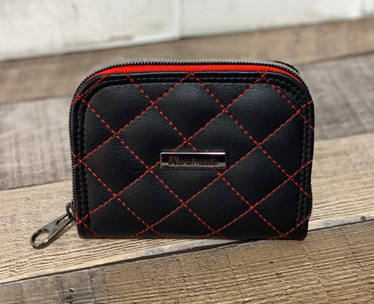 Black faux leather with quilting with red thread. Front view.