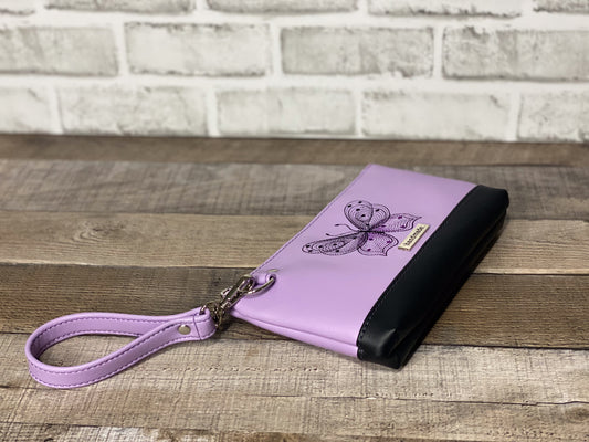Lilac wristlet with embroidered butterfly side and bottom view.