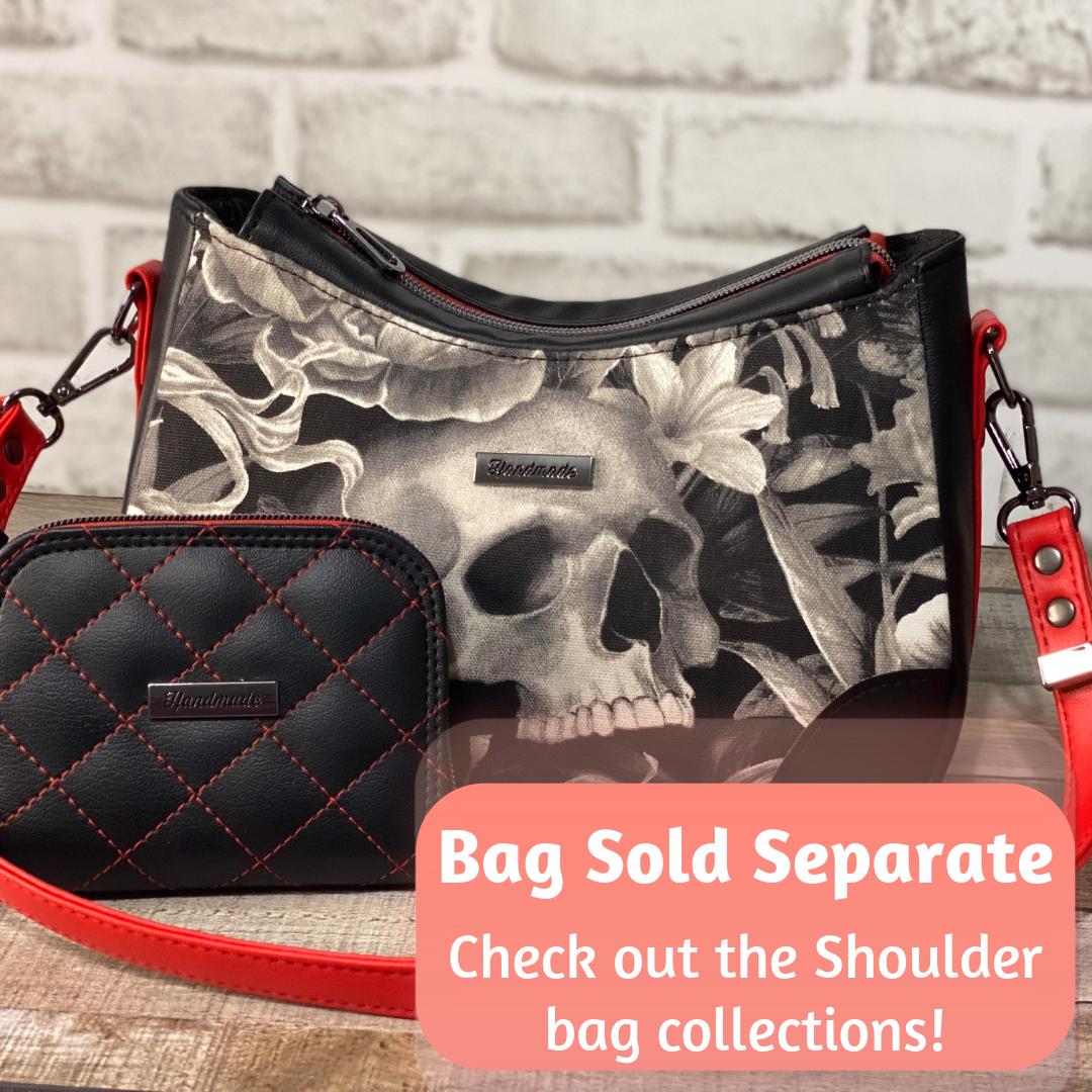 Black quilted faux leather with red threadNext to matching skull Annabel purse, which is sold separately.