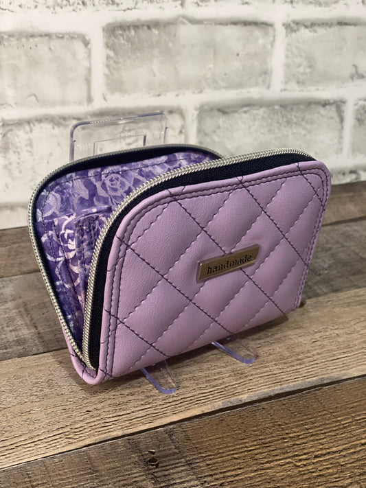 Quilted lilac zip around wallet. open view