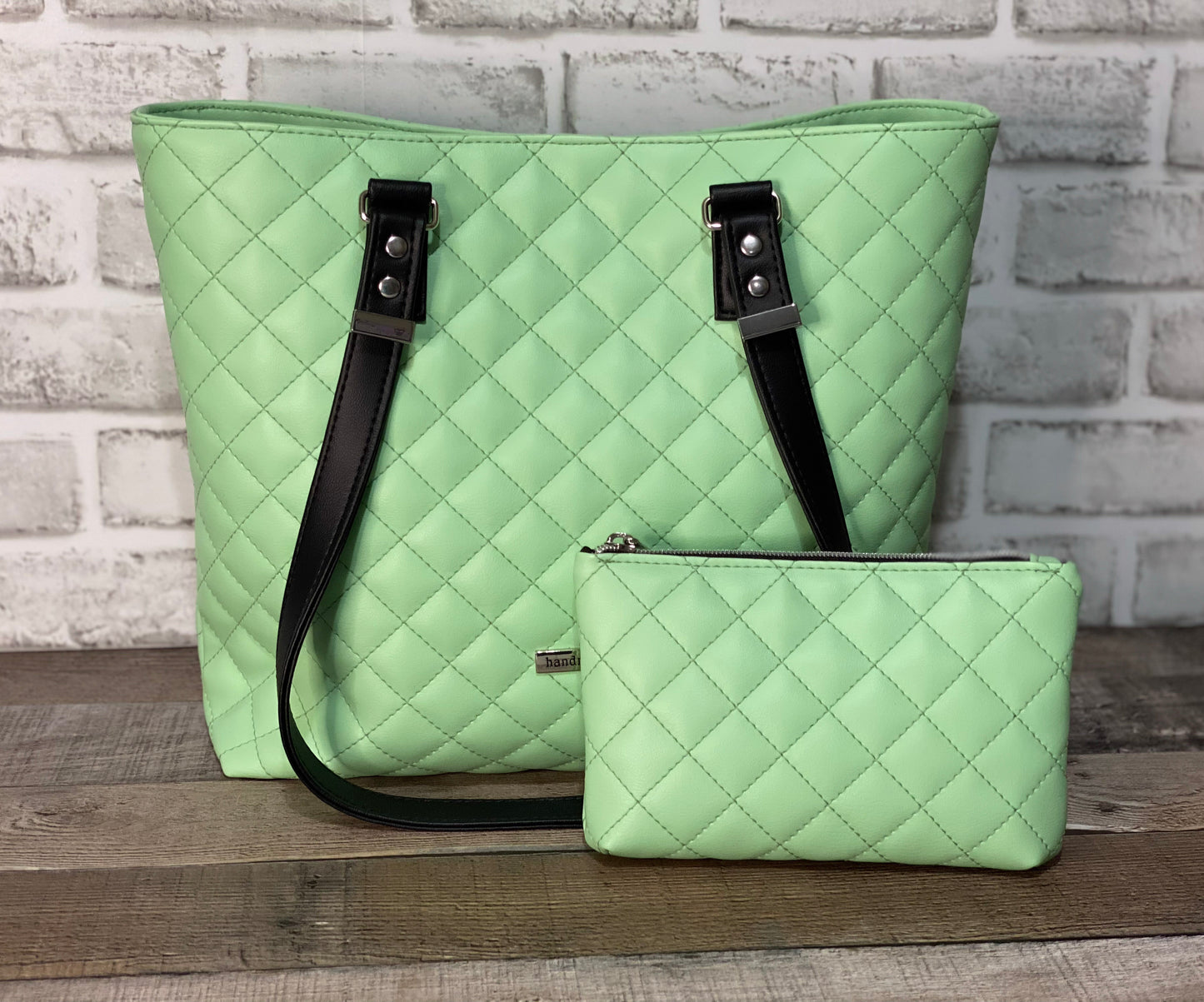 Quilted mint green handbag with matching pouch 