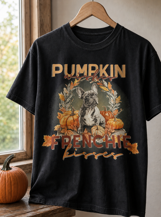 A black short-sleeve DTF graphic T-shirt hanging on a wooden hanger against an indoor wall near a window. The shirt features a large autumn-themed print with a Frenchie dog illustration, pumpkins, leaves, and a warm fall color palette.