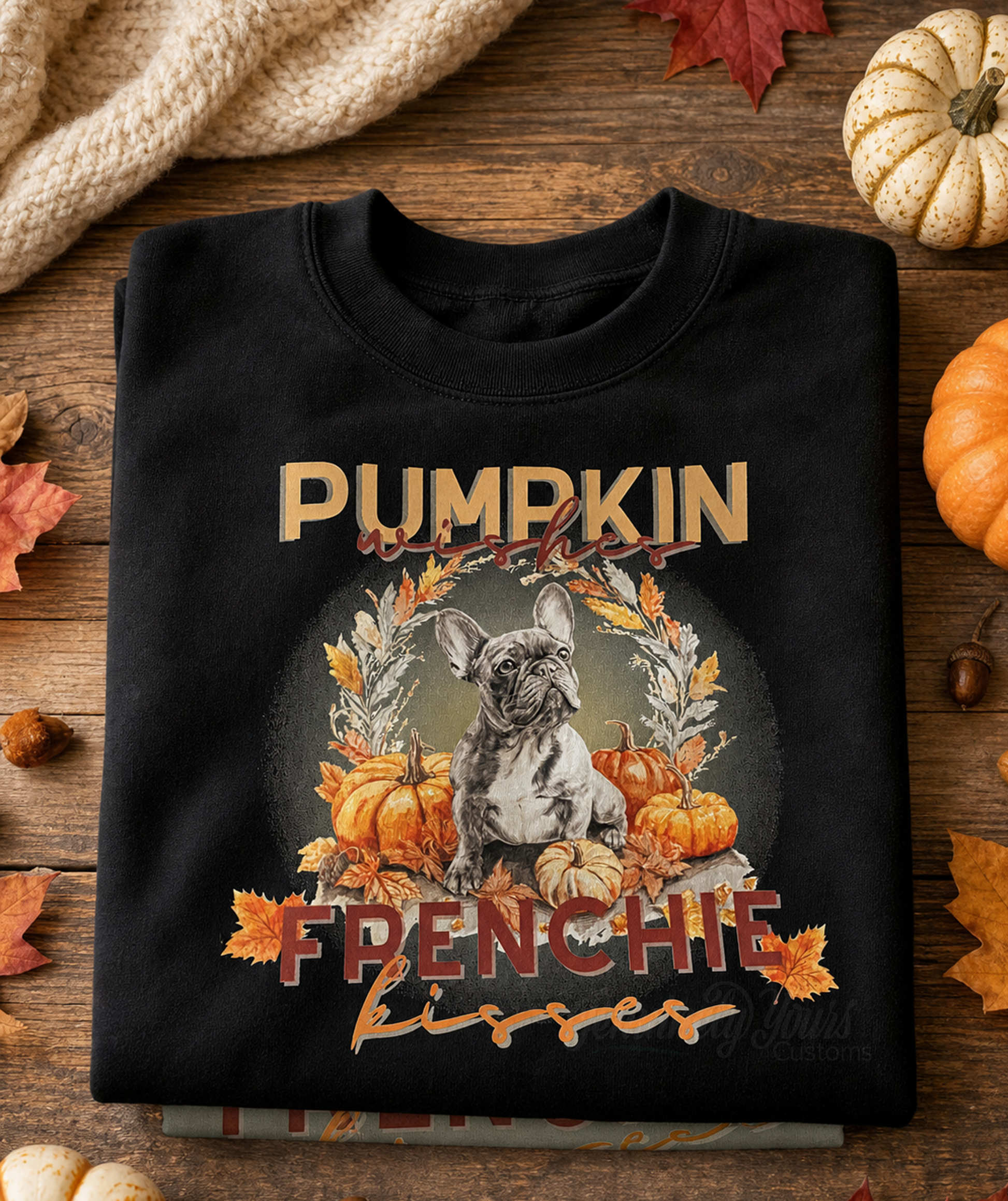 A folded black DTF graphic T-shirt is displayed on a rustic wooden surface with autumn props including pumpkins, leaves, acorns, and a knitted blanket. The shirt features a large graphic of a French Bulldog surrounded by pumpkins and fall leaves, with the text .