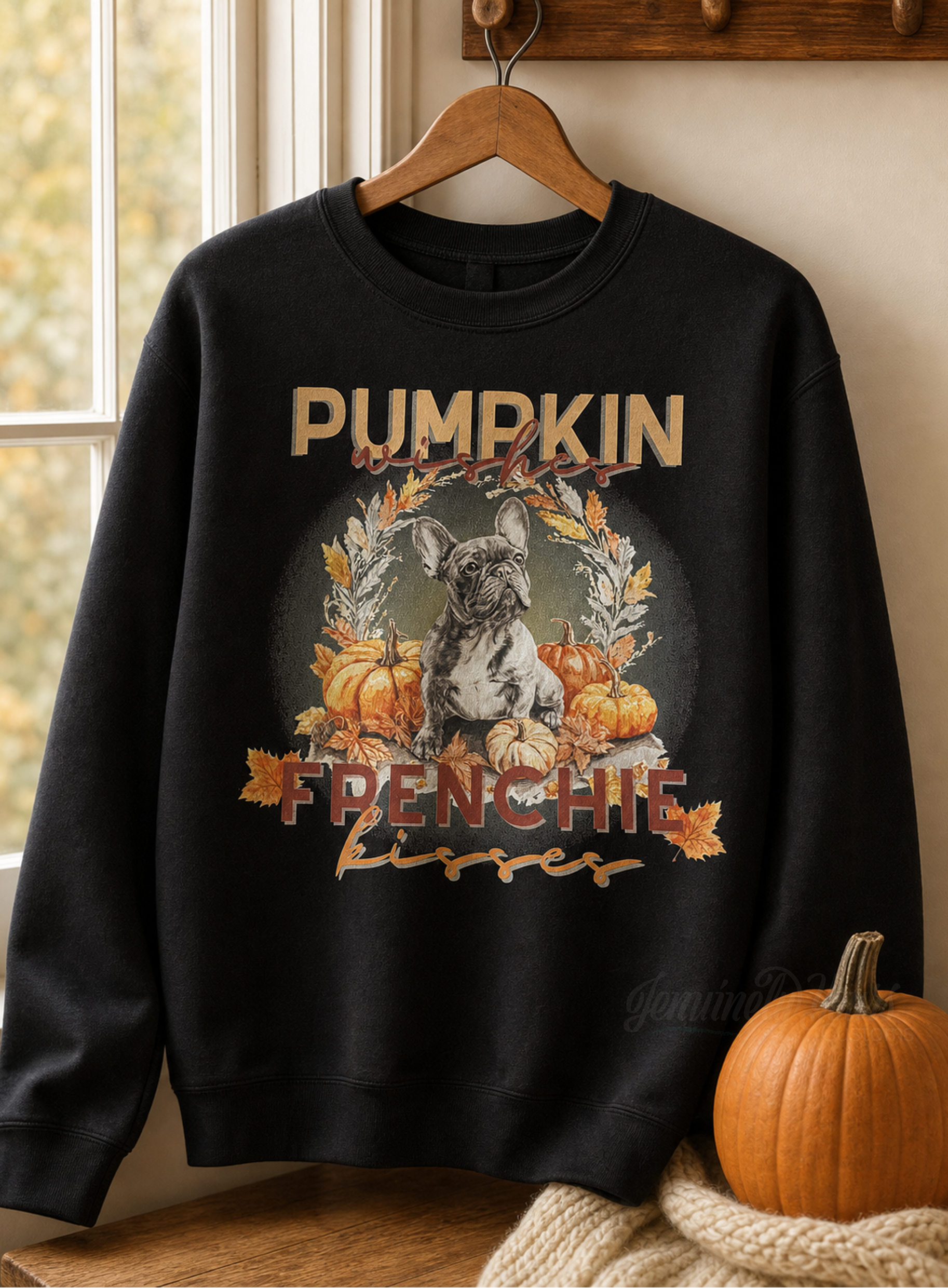 A black crewneck sweatshirt hanging on a wooden hanger, featuring a graphic with a frenchie dog, pumpkins, and autumn leaves. The sweatshirt is styled in a cozy indoor setting next to a window and a small pumpkin.