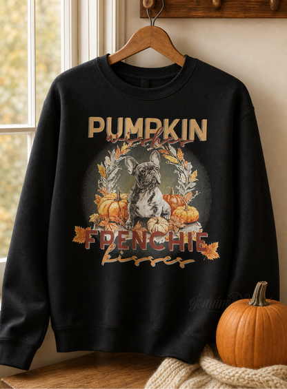 A black crewneck sweatshirt hanging on a wooden hanger, featuring a graphic with a frenchie dog, pumpkins, and autumn leaves. The sweatshirt is styled in a cozy indoor setting next to a window and a small pumpkin.