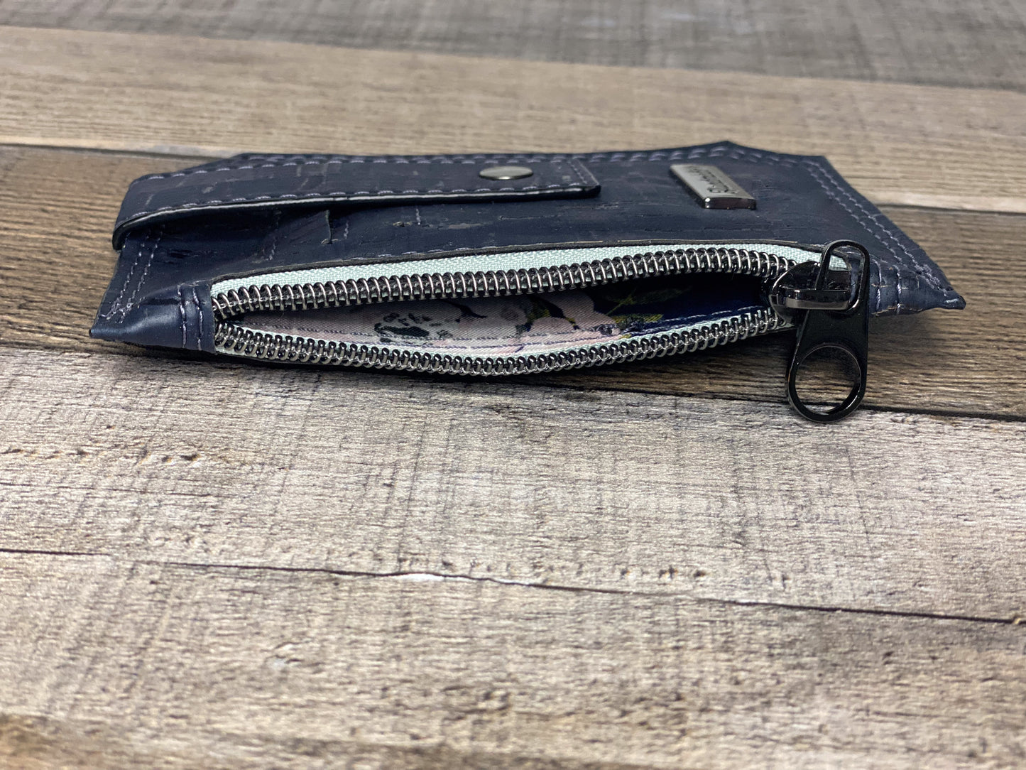 Blue cork fabric pocket pal wallet interior view. 