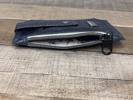 Blue cork fabric pocket pal wallet interior view. 