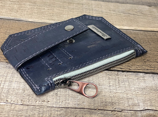 Blue cork fabric pocket pal wallet zipper view. 