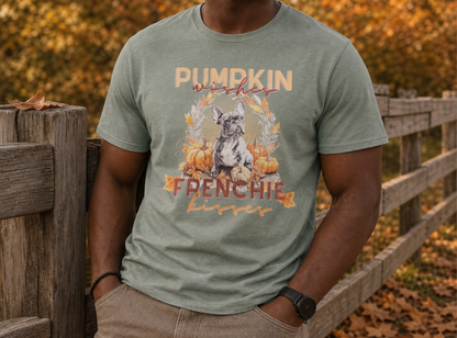A man wearing a sage green graphic t-shirt with a 'Pumpkin & Frenchie' design, standing outdoors next to a wooden fence with autumn foliage in the background.