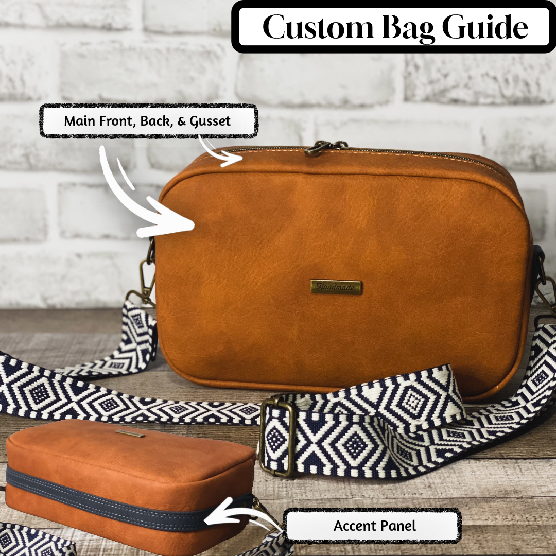 Custom bag guide with rust orange crossbody bag. Has 1.5 inch navy blue and white adjustable strap. 