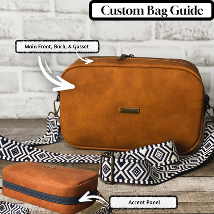 Custom bag guide with rust orange crossbody bag. Has 1.5 inch navy blue and white adjustable strap. 