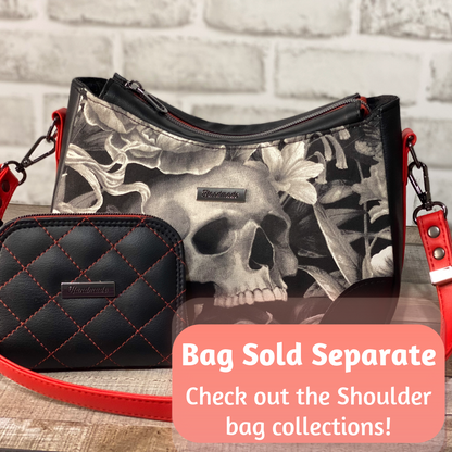 Black quilted faux leather with red threadNext to matching skull Annabel purse, which is sold separately. 