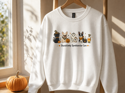 A white crewneck sweatshirt hanging on a wooden hanger, featuring a dtf graphic of cute digital frenchie and Boston terrier with Halloween bandanna and a vet ghost with  text. The sweatshirt is displayed in a warm, sunlit room next to a window and a small orange pumpkin.