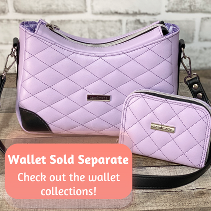 Quilted lilac and black shoulder bag styled with matching wallet - wallet sold separately