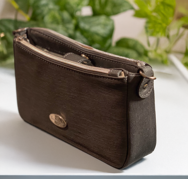 Grey textured faux leather crossbody bag with multiple zipper pockets for organization. 