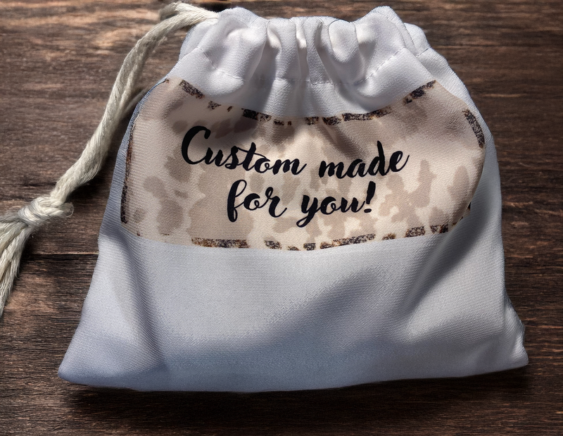 White drawstring custom printed dust bag for wallets and bags. 