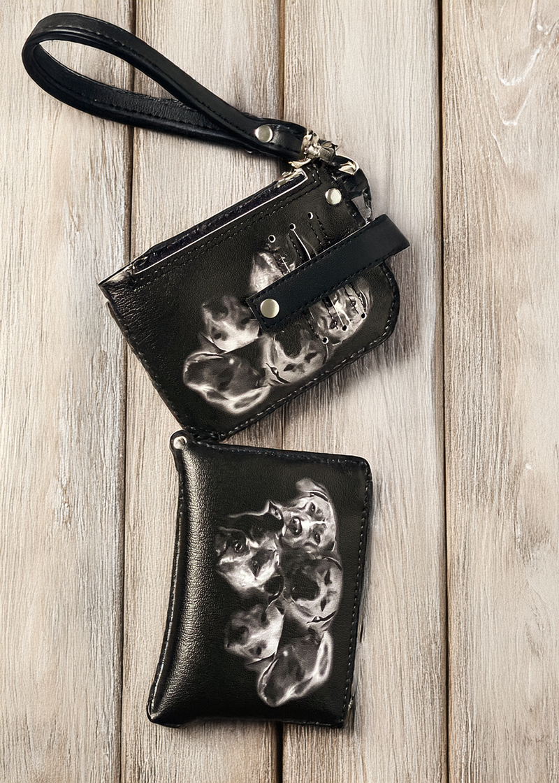 Black faux leather pocket pal wallet and coin pouch. Has personalized custom printed black and grey dogs on the front. 
