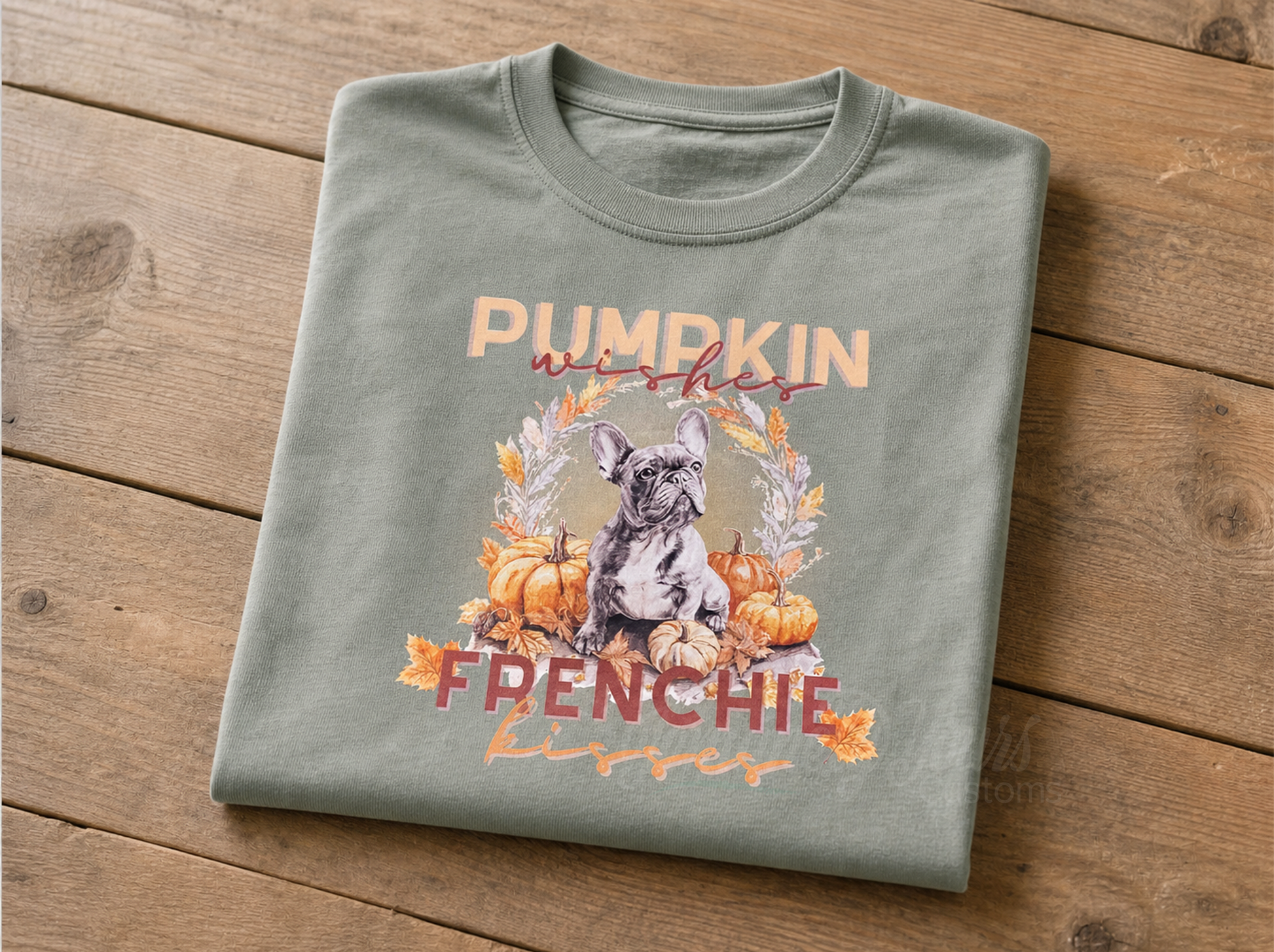 A folded sage green t-shirt with a graphic featuring a French Bulldog, displayed on a rustic wooden background.