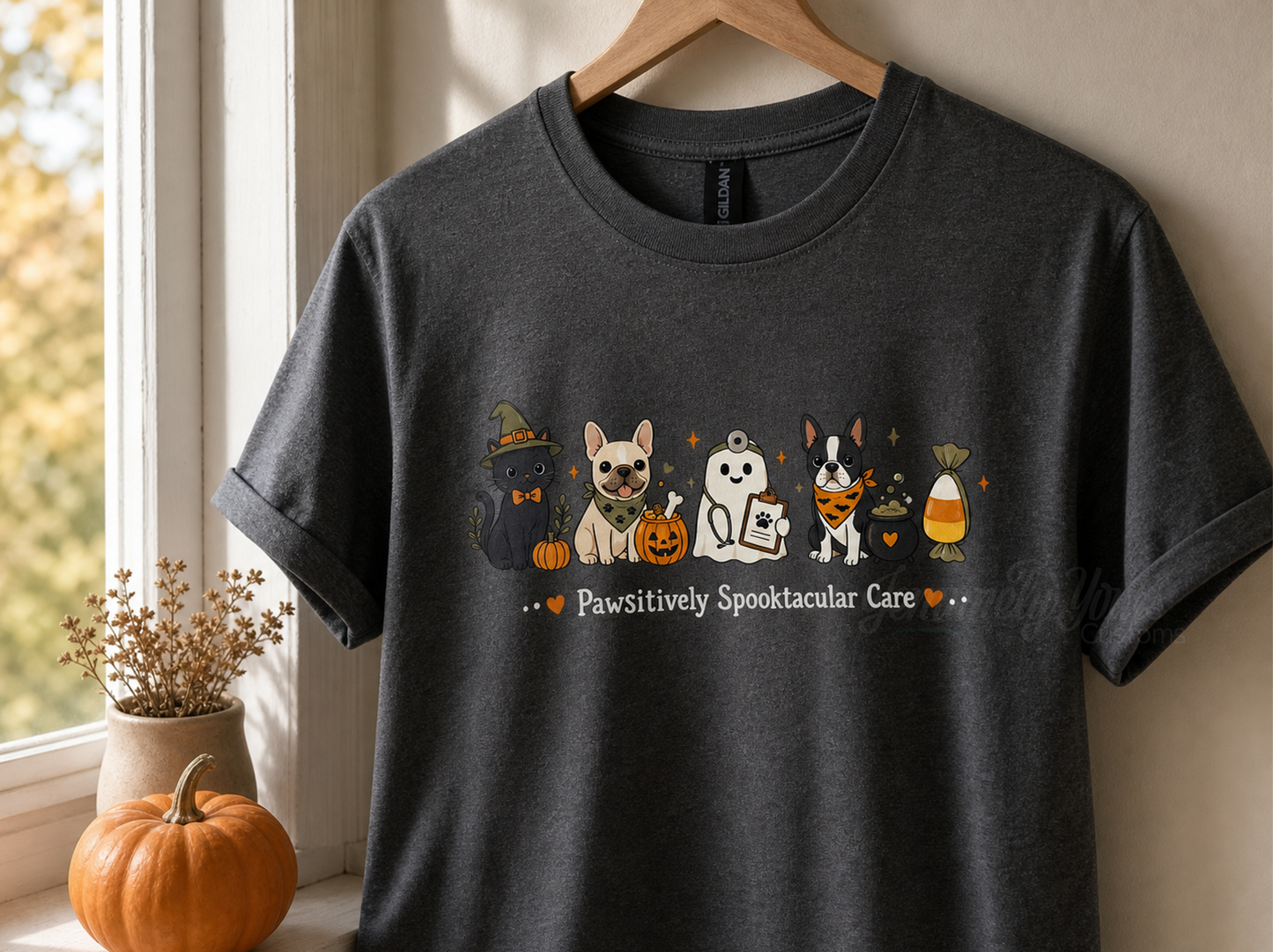 A dark charcoal gray t-shirt hanging on a wooden hanger against a beige wall, styled next to a window with a small orange pumpkin and dried flowers. The shirt features a cartoon black cat, frenchie, vet ghost and Boston terrier dressed in Halloween costumes.
