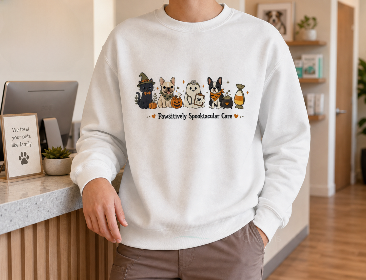 A person wearing a white crewneck sweatshirt with a graphic of a cute cartoon frenchie and Boston terrier and a vet ghost wearing halloween bandanas. The person is standing in a warm, modern vet setting with a wooden floor and shelves in the background.